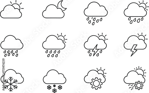 Weather forecast icon set vector illustration with cloud, sun, rain, snow, thunderstorm, seasonal climate symbols for forecast and application design.