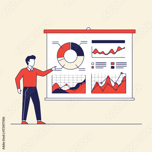 A man in a red shirt and blue pants presents a projection screen filled with various charts and graphs.
