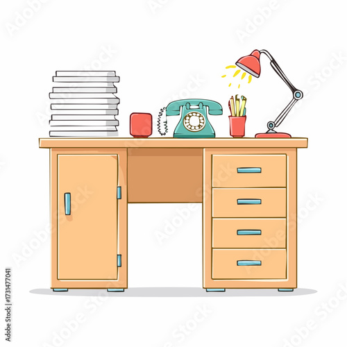 Illustration of a wooden desk with a stack of papers, a rotary phone, a pencil holder, and a red desk lamp illuminating the scene.