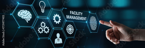 Finger touching facility management interface with icons representing different business functions
