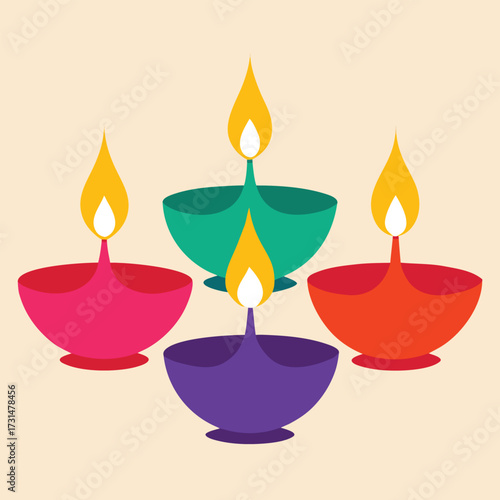 four traditional diwali lamps in bright colors wit (1).eps