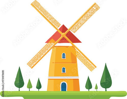 A charming cartoon illustration of a traditional Dutch windmill standing tall amidst a vibrant green landscape under a clear sky