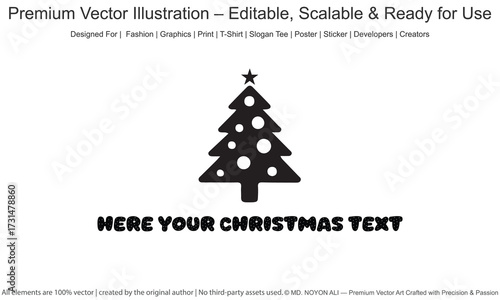 Simple black christmas tree icon with festive text placeholder