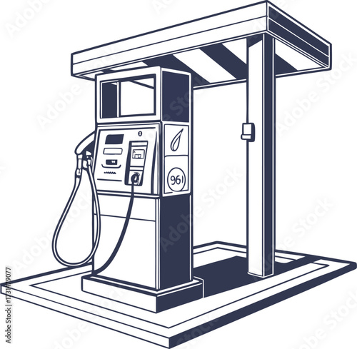 3D perspective gas pump icon, shadowed vector style.