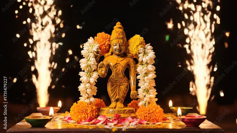 Golden Dhanvantari Statue Adorned with Flowers and Lit Diyas for Dhanteras Celebration with Fireworks