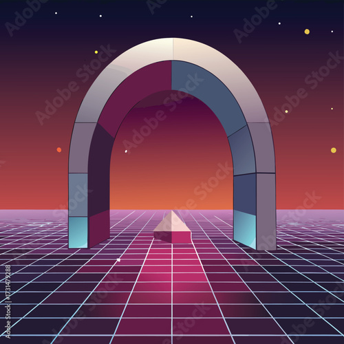 metallic arch hovering in digital void .eps