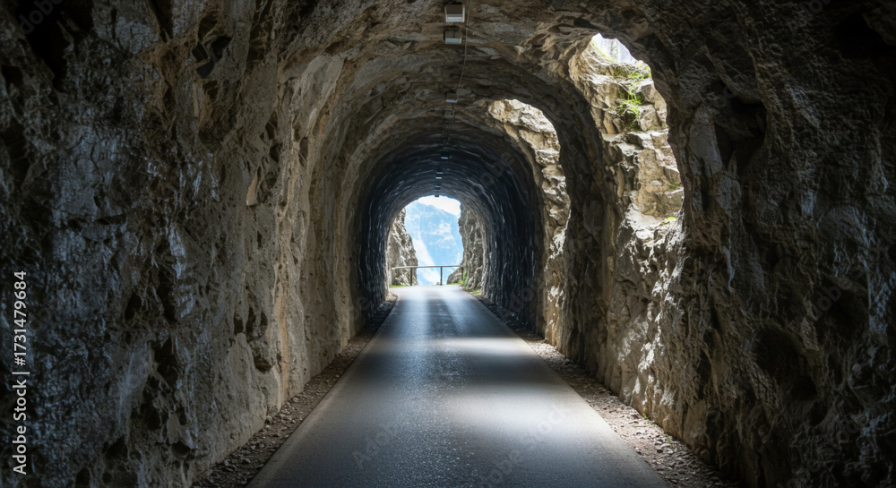 Fototapeta premium Scenic mountain view from rocky cave tunnel with natural sunlight.