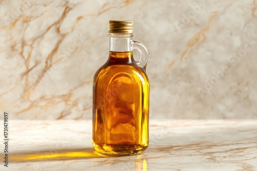 Clear Glass Bottle of Golden Oil on Textured Marble Surface