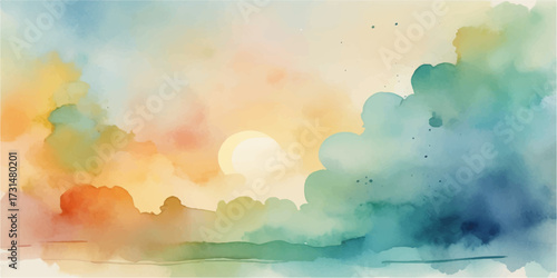 Abstract watercolor background of a beautiful cloudy summer sky with sunlight and a dramatic sunrise