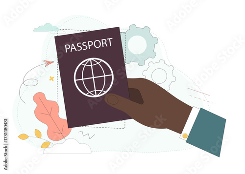Passport concept, obtaining a passport, citizenship, residence permit, residency. A man's hand holding a passport. Vector flat illustration..eps