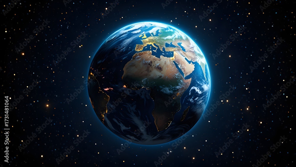 Obraz premium Earth from space showing europe and africa with city lights and stars background