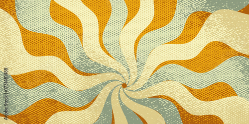 Groovy swirl background with rays retro color. Bg groovy swirl sunburst