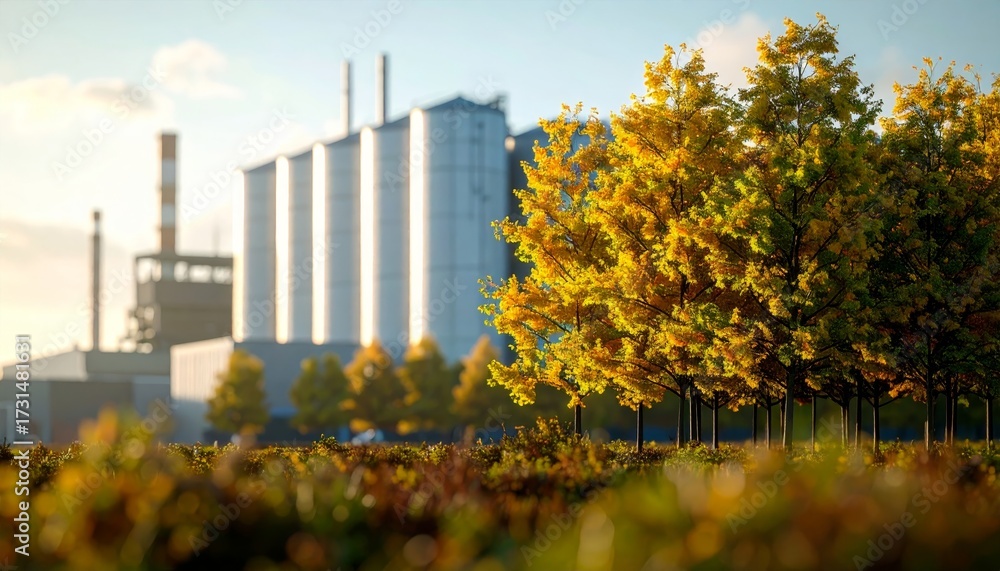 Obraz premium trees in front of industrial building