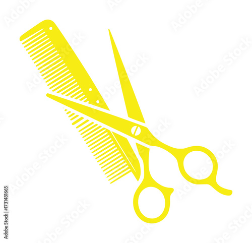 Yellow Barber Scissors and Comb Icon on White Background