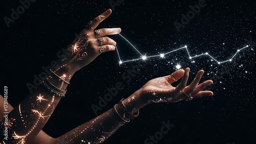 Mystical Connection: Woman's Hands Guiding the Constellation's Path in the Night