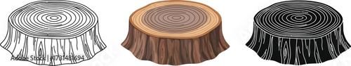 Tree stump in line art, color, and silhouette illustration