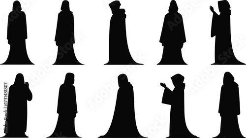 Set of ten robed figure silhouettes in varied expressive poses, ideal for character design, storytelling, and visual concept art