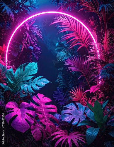 Neon circle frames lush, colorful tropical foliage