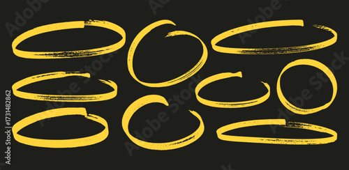 Marker draw yellow frames. Circles, ovals, ellipses highlights with rough sketchy texture. Minimal brush icon strokes for notes.