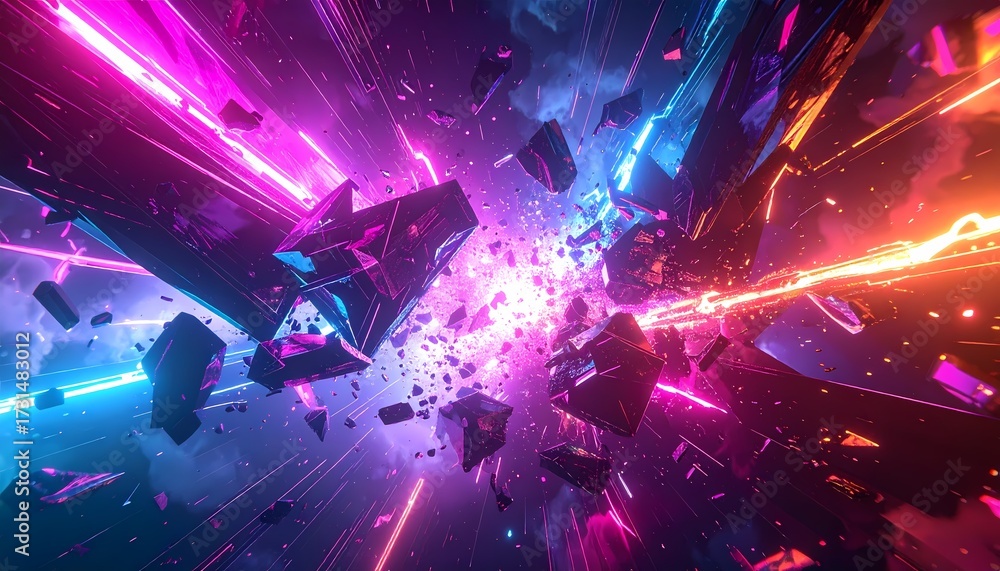 Obraz premium Abstract Neon Light Explosion with Shattered Geometric Shapes in a Dark Space.