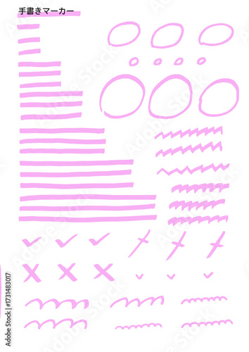 手書き　マーカー線　丸　波線　アナログ　ピンク