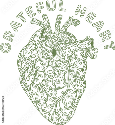 A stylized anatomical heart illustration filled with intricate vine and leaf patterns, with the words "GRATEFUL HEART" arched above.