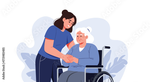 Caring for elderly people in a wheelchair with love and support.