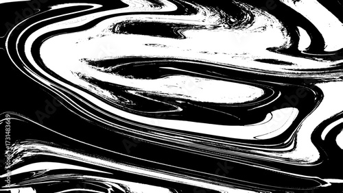 Black and White Abstract Digital Background with Interweaving Curved, Elegant Black Marble Ink Texture with Acrylic Painted Waves.
