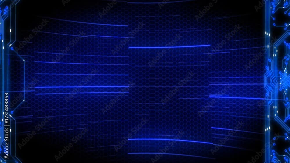 Animated blue geometric lines and hexagonal patterns flowing inward, creating a futuristic digital tunnel