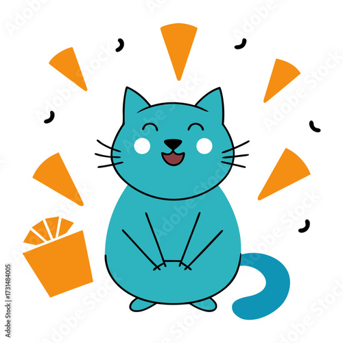 happy cat with fan gifts and letters all around 