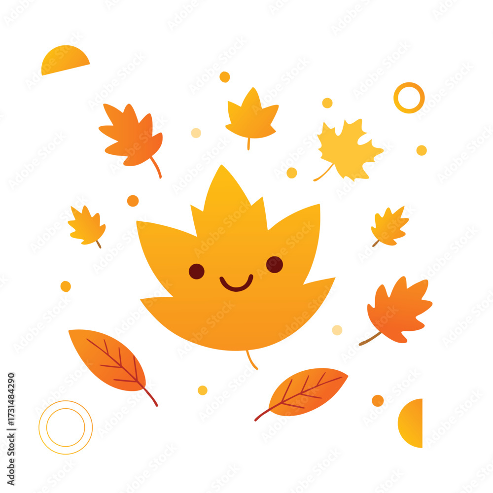 Fototapeta premium Cute Autumn Maple Leaves Falling with Happy Face and Geometric Shapes maple leaf
