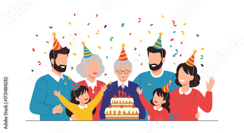 A happy multi-generational family celebrates a birthday with cake and hats.