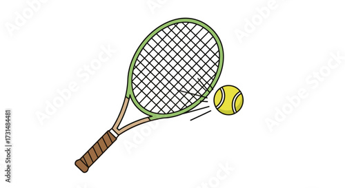 Green Tennis Racket and Ball Illustration for Sports Equipment Design and Recreational Activity Promotion, suitable for vector design and sports-themed projects.