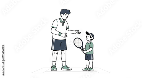 Father and Son Tennis Lesson Illustration Depicting Generational Bonding and Active Lifestyle Promotion for Sports Programs and Family Wellness Campaigns