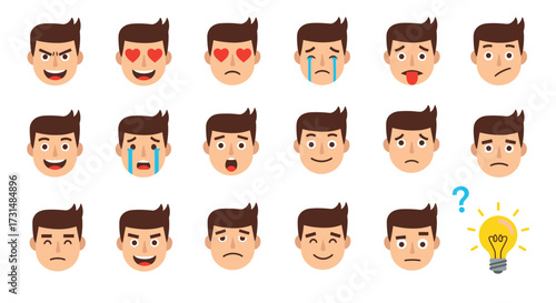 Collection of human face emojis expressing various emotions and a light bulb representing ideas.