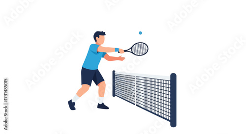 Animated Tennis Player Ready to Strike the Ball Over the Net, Ideal for Sports Tutorials, Website Graphics, and Tennis Club Promotional Materials.