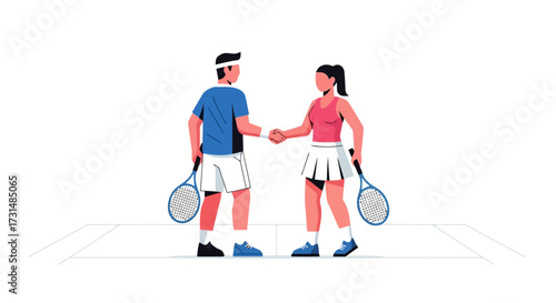 Tennis Players Shaking Hands After a Friendly Match Illustration for Sports, Teamwork, and Fair Play Concepts in Athletic Training and Recreational Activities
