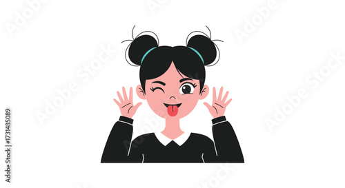 A playful girl with buns in her hair winks and sticks her tongue out.