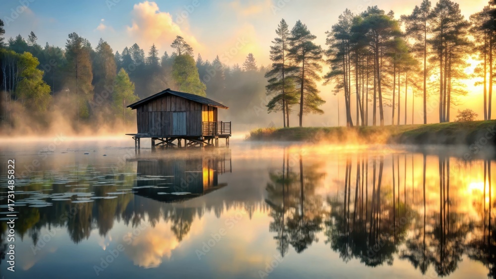 Fototapeta premium Serene Lakeside Cabin at Sunrise, Misty Morning Reflections on Calm Water