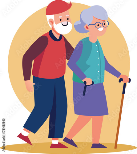 elderly couple walking together with cane icon.
