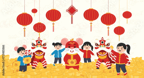 Happy new year celebrations with cute children and lion dancers on a pile of gold coins.