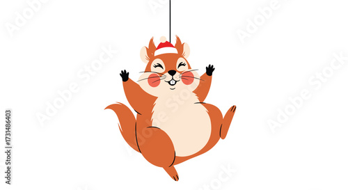 A cute and cheerful cartoon squirrel wearing a santa hat hangs from a string and celebrates.