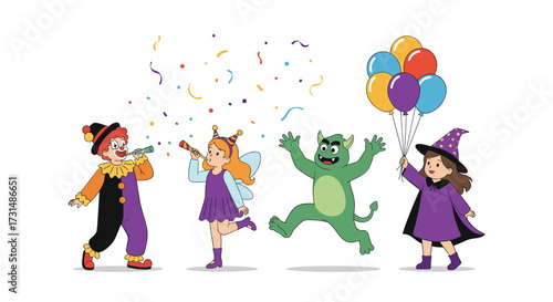 A group of children dressed in costumes including a clown a fairy a monster and a witch celebrating with confetti and balloons.
