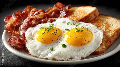 Delicious breakfast plate featu crispy bacon sunny side up eggs toasted bread herbal garnish and a flavorful morning meal