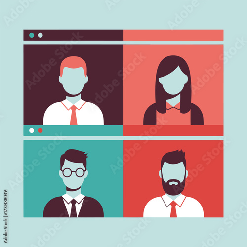 Graphic illustration of a team video conference with four participants in a grid layout on a screen.