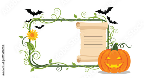 Celebrate autumn with this spooky yet charming Halloween invitation frame featuring a carved pumpkin and playful bats.