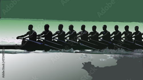 Synchronized rowing team powering through water demonstrating teamwork and athletic discipline