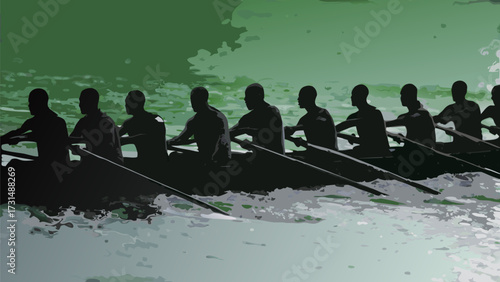 Synchronized rowers power through water in a team effort towards victory