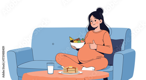 A pregnant woman enjoys a healthy salad and sweet pancakes on a comfortable couch.