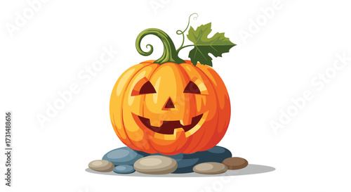 A carved pumpkin sits on a pile of stones with a green vine and leaf.